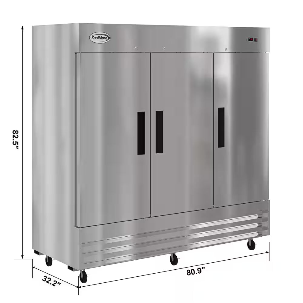 3 Door Commercial Reach in Refrigerator in Stainless-Steel 81 In. 72 Cu. Ft