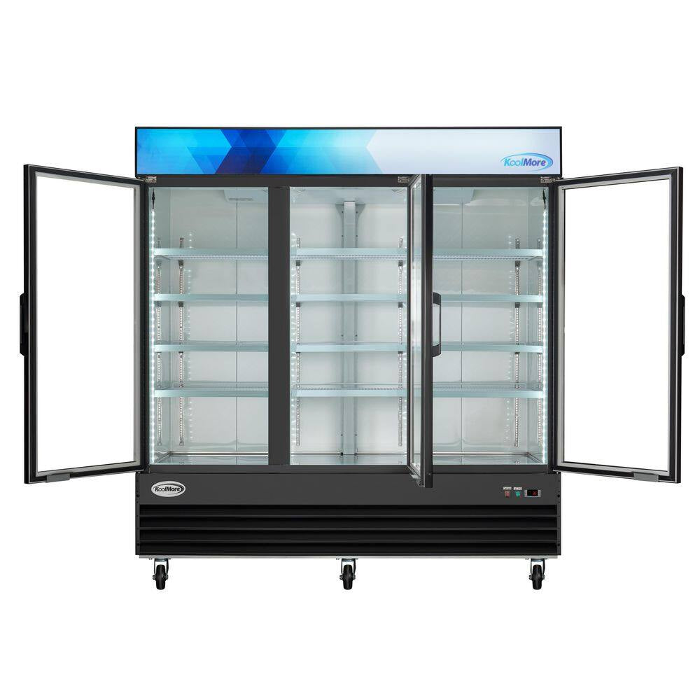 78 In. 57.5 Cu. Ft. Commercial Three Glass Swing Door Merchandiser Refrigerator in Black