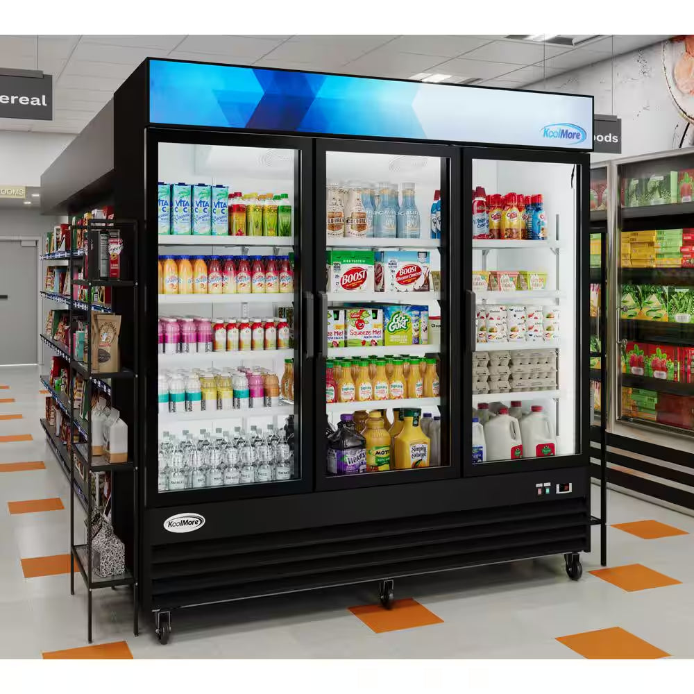 78 In. 53 Cu. Ft. 3 Door Commercial Refrigerator in Black Steel with Glass Door