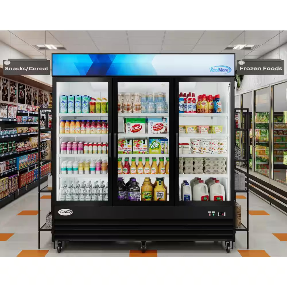 78 In. 57.5 Cu. Ft. Commercial Three Glass Swing Door Merchandiser Refrigerator in Black