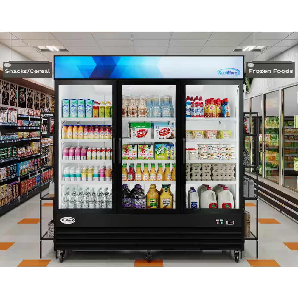 78 In. 53 Cu. Ft. 3 Door Commercial Refrigerator in Black Steel with Glass Door