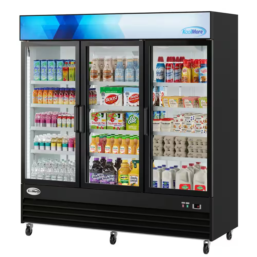 78 In. 57.5 Cu. Ft. Commercial Three Glass Swing Door Merchandiser Refrigerator in Black