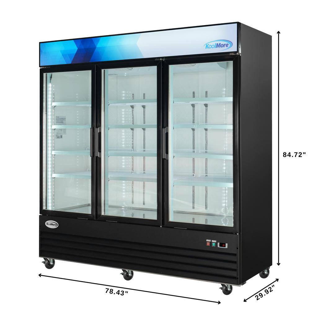 78 In. 53 Cu. Ft. 3 Door Commercial Refrigerator in Black Steel with Glass Door
