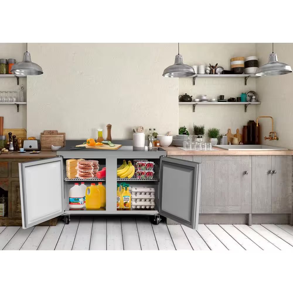 48 In. 12 Cu. Ft. Commercial 2-Door Worktop Refrigerator in Stainless Steel