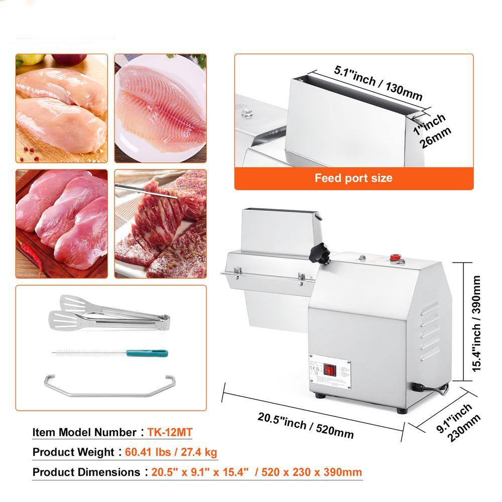 Commercial Meat Tenderizer, 750-Watt Electric Kitchen Tool, 304 Stainless Steel with Meat Tong, Brush, and Tray for Beef