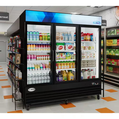 78 In. 53 Cu. Ft. 3 Door Commercial Refrigerator in Black Steel with Glass Door