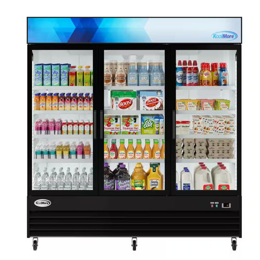 78 In. 57.5 Cu. Ft. Commercial Three Glass Swing Door Merchandiser Refrigerator in Black