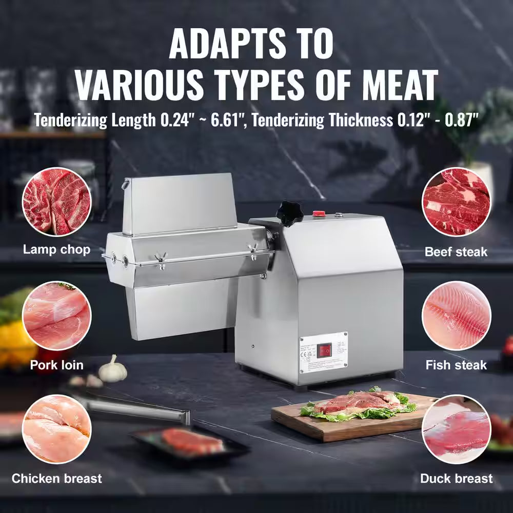 Commercial Meat Tenderizer, 750-Watt Electric Kitchen Tool, 304 Stainless Steel with Meat Tong, Brush, and Tray for Beef