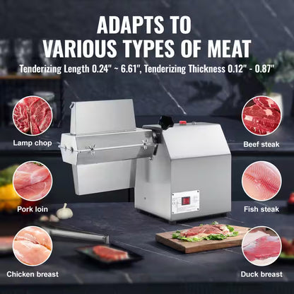 Commercial Meat Tenderizer, 750-Watt Electric Kitchen Tool, 304 Stainless Steel with Meat Tong, Brush, and Tray for Beef